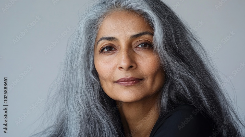 Fototapeta premium A woman with long gray hair is smiling