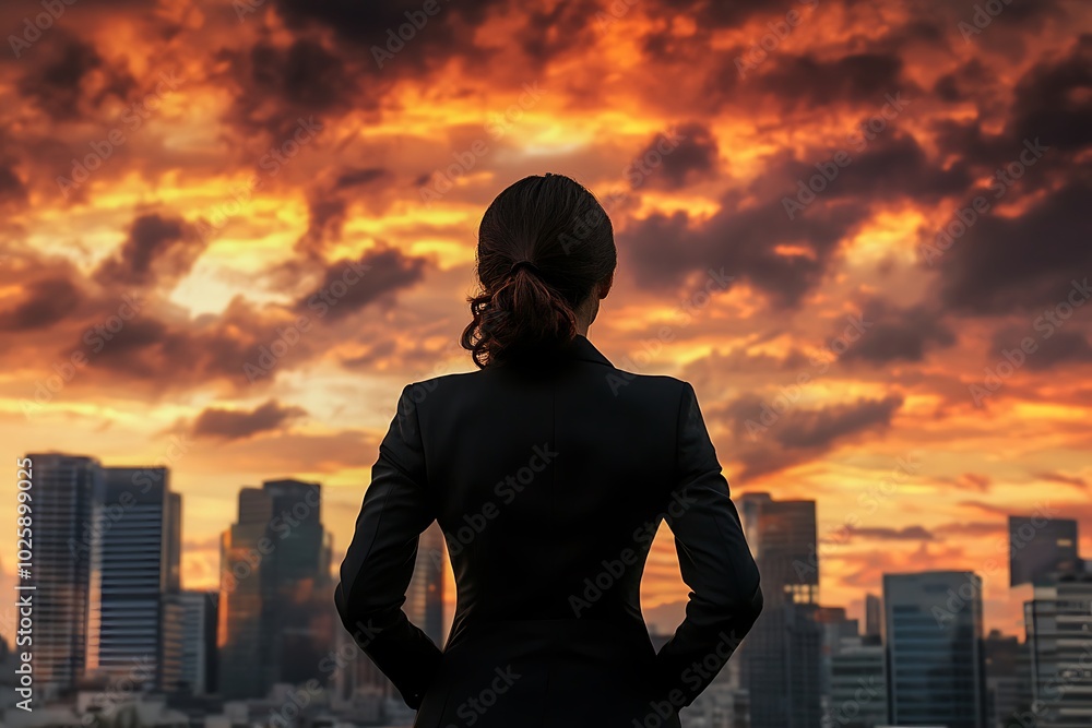 Businesswoman looking through city skyline Businesswoman looking through city skyline