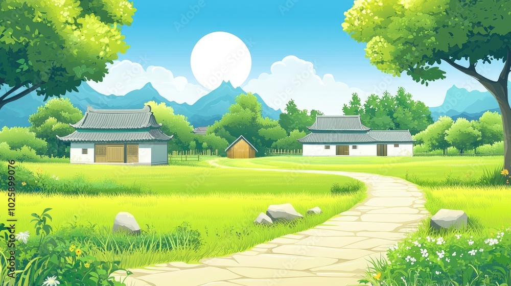 Fototapeta premium A Winding Stone Path Leading to Houses in a Lush Green Landscape