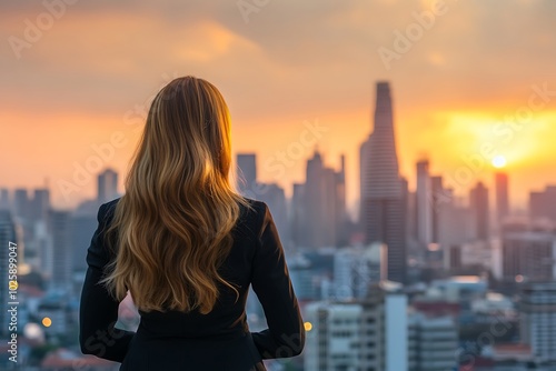 Businesswoman looking through city skyline