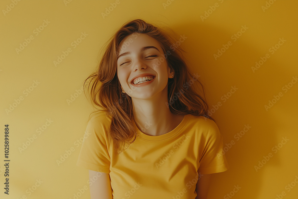 A woman in a yellow shirt is smiling and laughing A woman in a yellow shirt is smiling and laughing