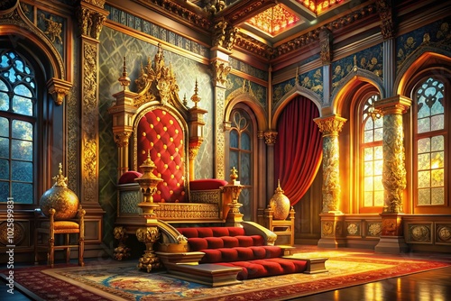 Ornate Golden Throne in Grand Medieval Castle Hall - Luxurious Fantasy Illustration