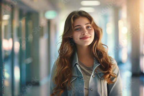 A girl with long brown hair is smiling in a hallway