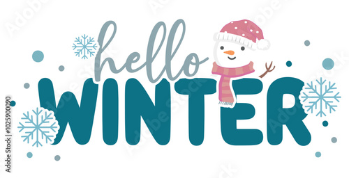 winter snowflake typography sublimation svg design - hello winter snowman sticker vector illustration clipart - holiday lettering font