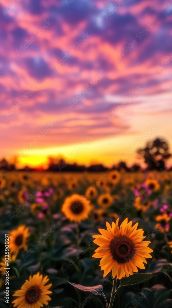 Fototapeta premium Golden sunflowers in a field, silhouetted by a colorful sunset sky with radiant shades of orange and purple Wideangle shot, capturing the beauty of nature and the fading light