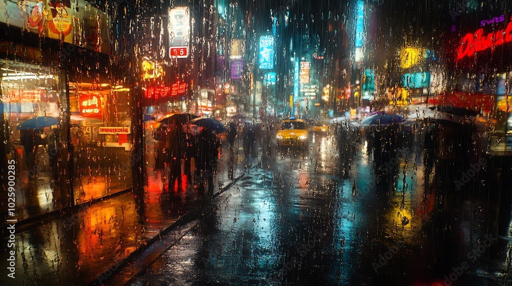 A dramatic urban street scene during a heavy rainstorm, with strong winds blowing through the city. Raindrops splatter against windows, and the wet pavement reflects neon lights from storefronts. A dramatic urban street scene during a heavy rainstorm, with strong winds blowing through the city. Raindrops splatter against windows, and the wet pavement reflects neon lights from storefronts.