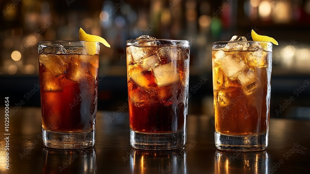 Three glasses of iced tea with lemon wedges on a bar counter. Three glasses of iced tea with lemon wedges on a bar counter.
