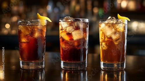 Three glasses of iced tea with lemon wedges on a bar counter.