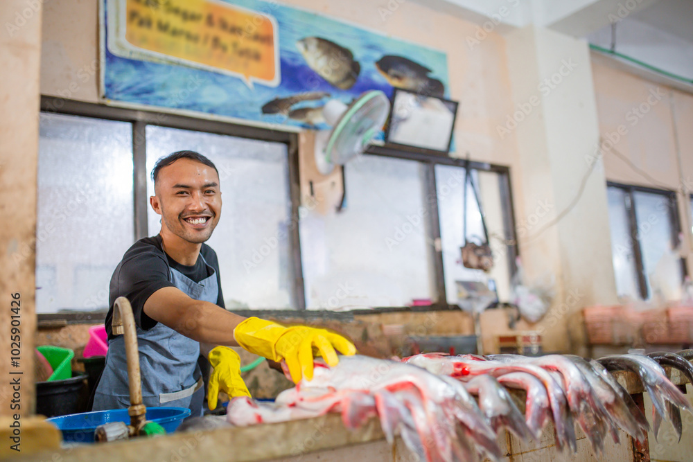 A happy fishmonger showcases fresh seafood at a vibrant, bustling market full of energy A happy fishmonger showcases fresh seafood at a vibrant, bustling market full of energy