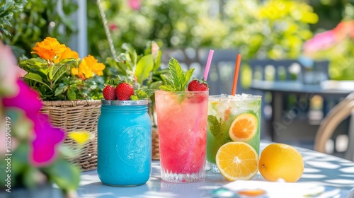 Three refreshing summer drinks with fruit garnishes and mint leaves on a table in a garden setting.