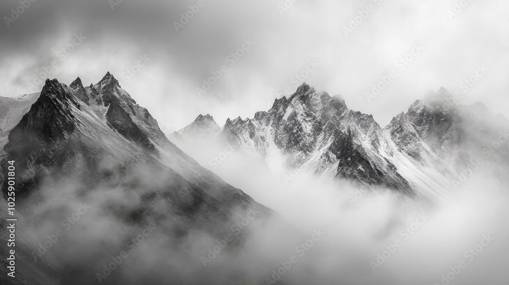 Obraz premium Majestic Cloudy Mountain Peaks in Black and White