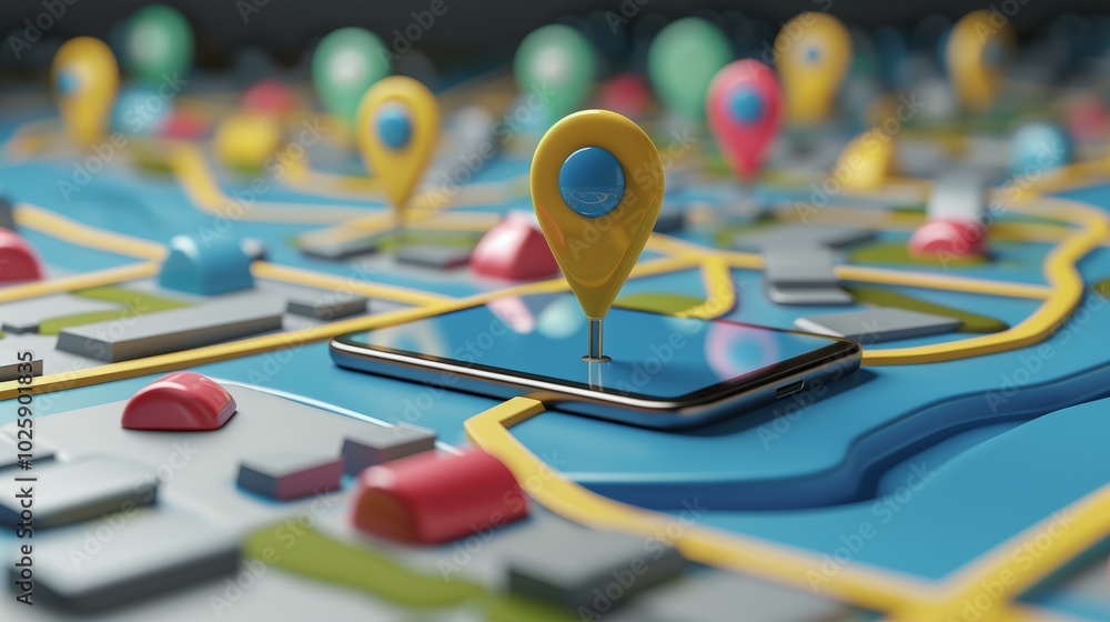 Smartphone with map, 3D Map pins, GPS, navigator pin checking points, 3D World Map icon, technology and application mobile smart phone with mobile, delivery tracking, transportation, generate by AI Smartphone with map, 3D Map pins, GPS, navigator pin checking points, 3D World Map icon, technology and application mobile smart phone with mobile, delivery tracking, transportation, generate by AI