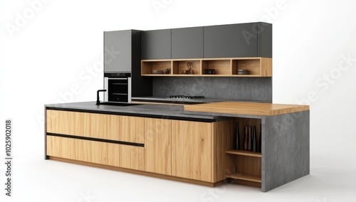 Modern kitchen interior with gray and wooden cabinets, island countertop, built-in oven, isolated on a white background.