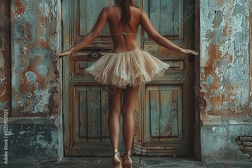 Graceful ballerina in pointe shoes posing elegantly at rustic doors, showcasing physical mastery
