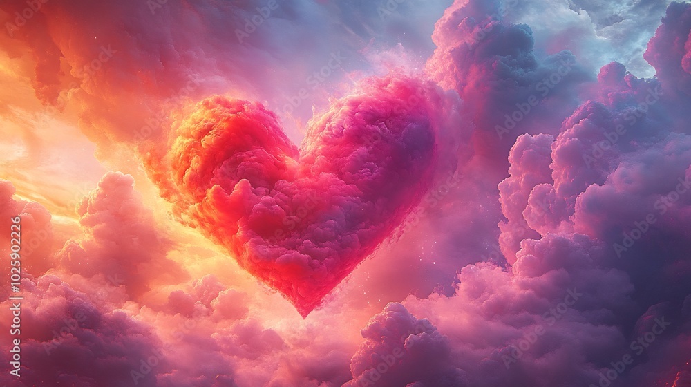 Beautiful colorful Valentines Day heart floating among soft fluffy clouds with vibrant hues of pink red and purple creating a dreamy abstract sky as the perfect romantic background Beautiful colorful Valentines Day heart floating among soft fluffy clouds with vibrant hues of pink red and purple creating a dreamy abstract sky as the perfect romantic background