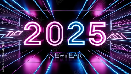 Futuristic neon '2025' with glowing lights and geometric patterns in blue, purple, and pink on a sleek black background.