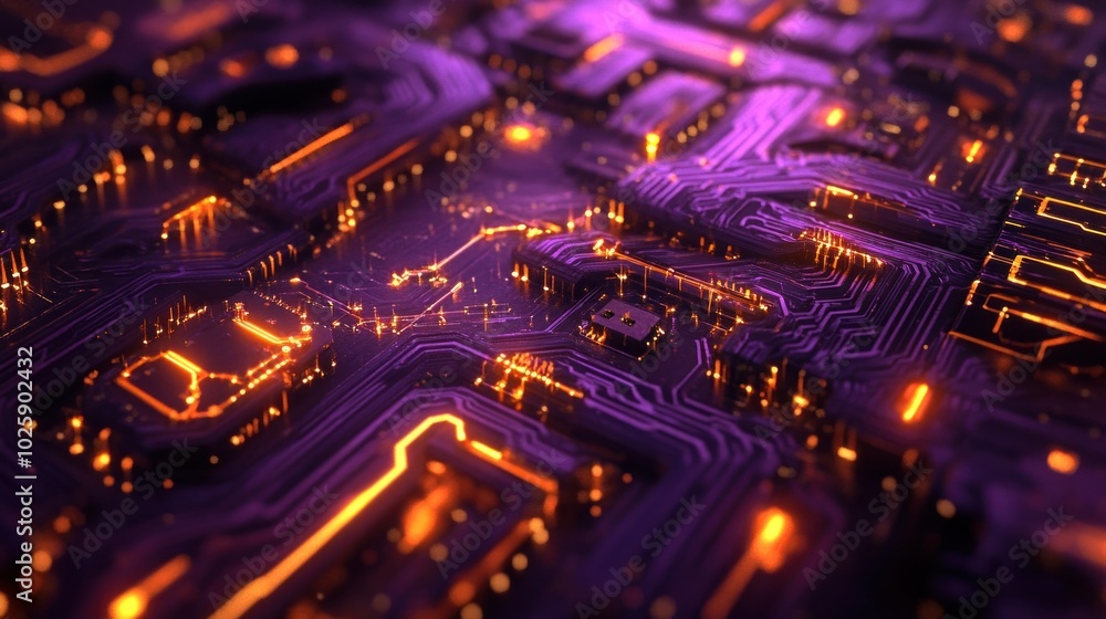 Obraz premium Abstract close-up of a circuit board with glowing lines and a purple hue.