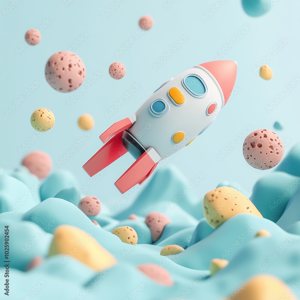 3D Rendered Cartoon Rocket Flying Over Pastel Blue Wavy Surface with Colorful Planets. 3D Rendered Cartoon Rocket Flying Over Pastel Blue Wavy Surface with Colorful Planets.