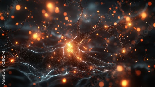 Abstract Neural Network with Glowing Particles and Bokeh Lights - 3D Illustration.