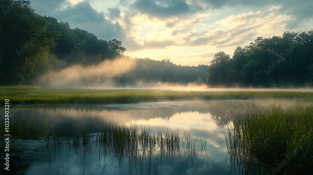 A foggy landscape after a thunderstorm, with mist rolling over a small pond and the surrounding fields. Sunlight begins to pierce through the clouds, A foggy landscape after a thunderstorm, with mist rolling over a small pond and the surrounding fields. Sunlight begins to pierce through the clouds,