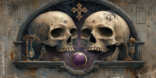 Two skulls framed by ornate symbols and elements, evoking themes of mortality, mysticism, and spirituality. photo