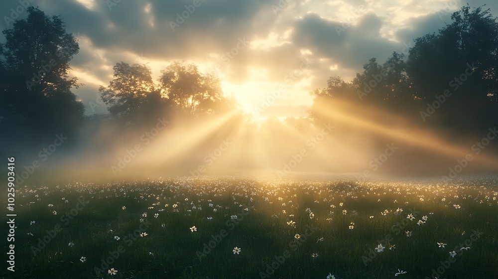 A fog-covered meadow after a storm, with mist hovering above the wet ground and sunlight breaking through the clouds, creating rays of light that pierce through the fog. A fog-covered meadow after a storm, with mist hovering above the wet ground and sunlight breaking through the clouds, creating rays of light that pierce through the fog.