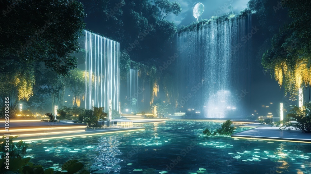 Mystical Nighttime Waterfall in a Lush Tropical Garden with Illuminated Path and Pool Mystical Nighttime Waterfall in a Lush Tropical Garden with Illuminated Path and Pool