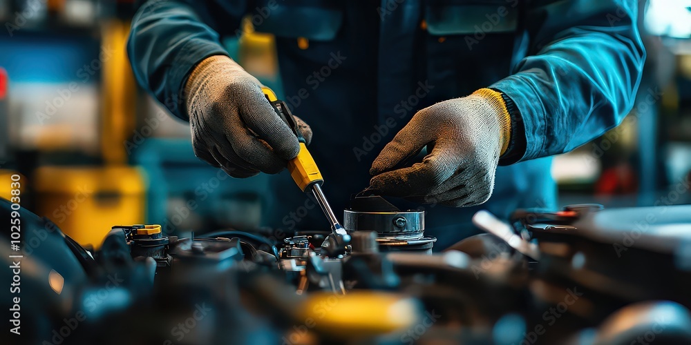 Mechanic working with precision on engine parts, hands carefully adjusting components, symbolizing craftsmanship and dedication in the automotive repair industry. Mechanic working with precision on engine parts, hands carefully adjusting components, symbolizing craftsmanship and dedication in the automotive repair industry.