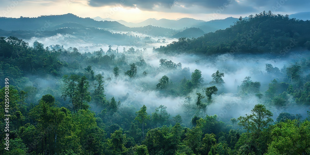 Morning fog drifts over dense forest as the rising sun casts soft light, creating a serene and mystical early morning landscape. Morning fog drifts over dense forest as the rising sun casts soft light, creating a serene and mystical early morning landscape.