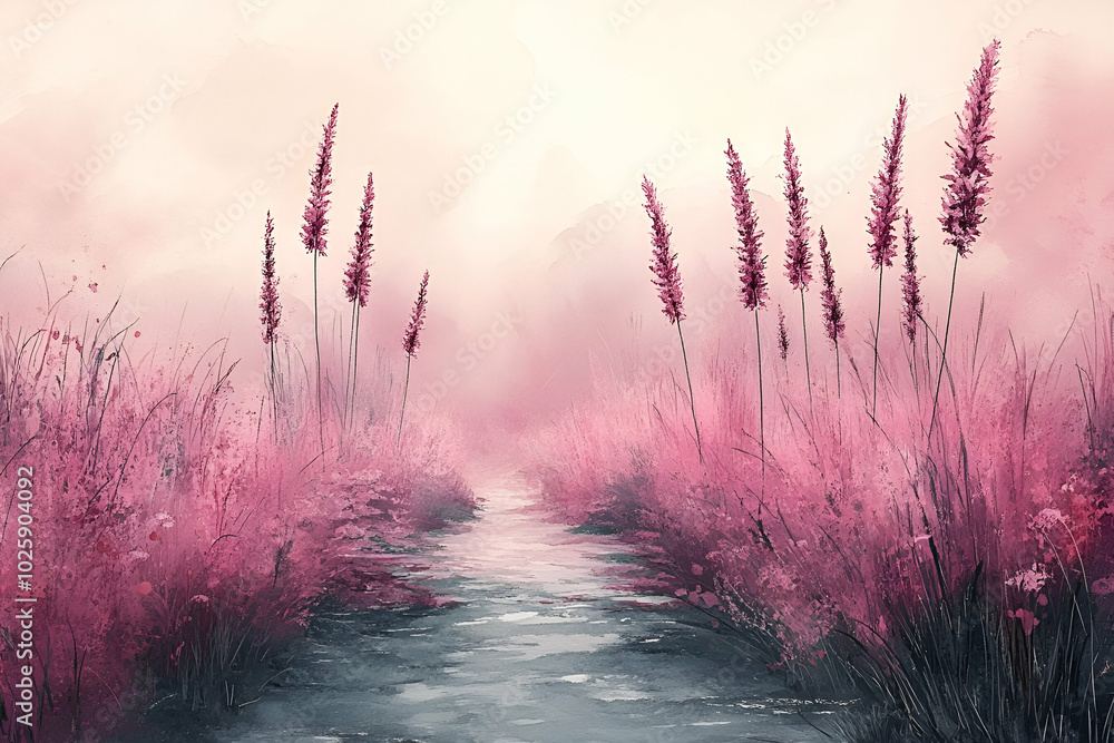 A painting of a pink field with a path through it. The mood of the painting is peaceful and serene A painting of a pink field with a path through it. The mood of the painting is peaceful and serene