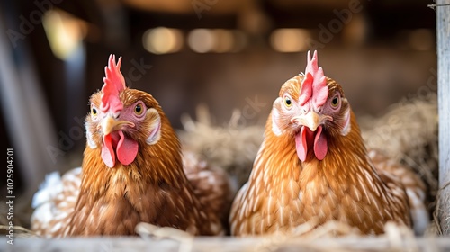 Hens in chicken coop at farm, photo shot, Generative Ai