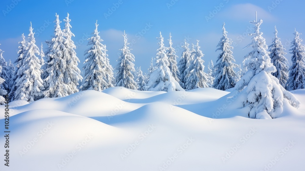 Snowy Landscape with Evergreen Trees in Winter Snowy Landscape with Evergreen Trees in Winter