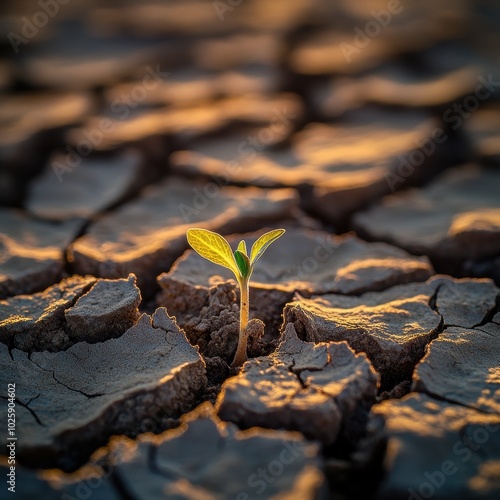 New Life Emerging from Cracked Earth A Single Sprout Pushing Through Dry, Cracked Ground at Sunset