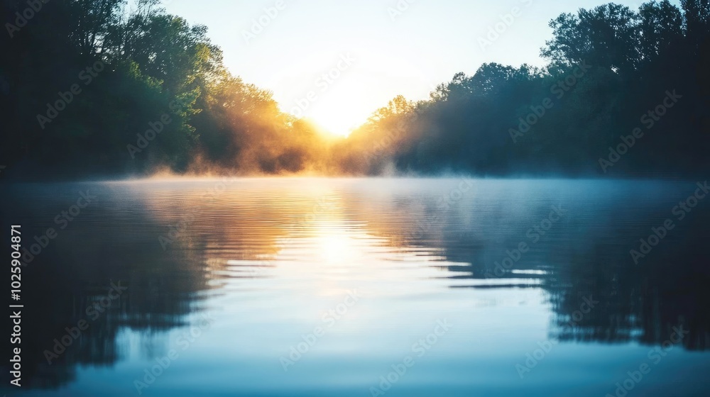 Serene Sunrise Over Misty Landscape Water Reflection Serene Sunrise Over Misty Landscape Water Reflection