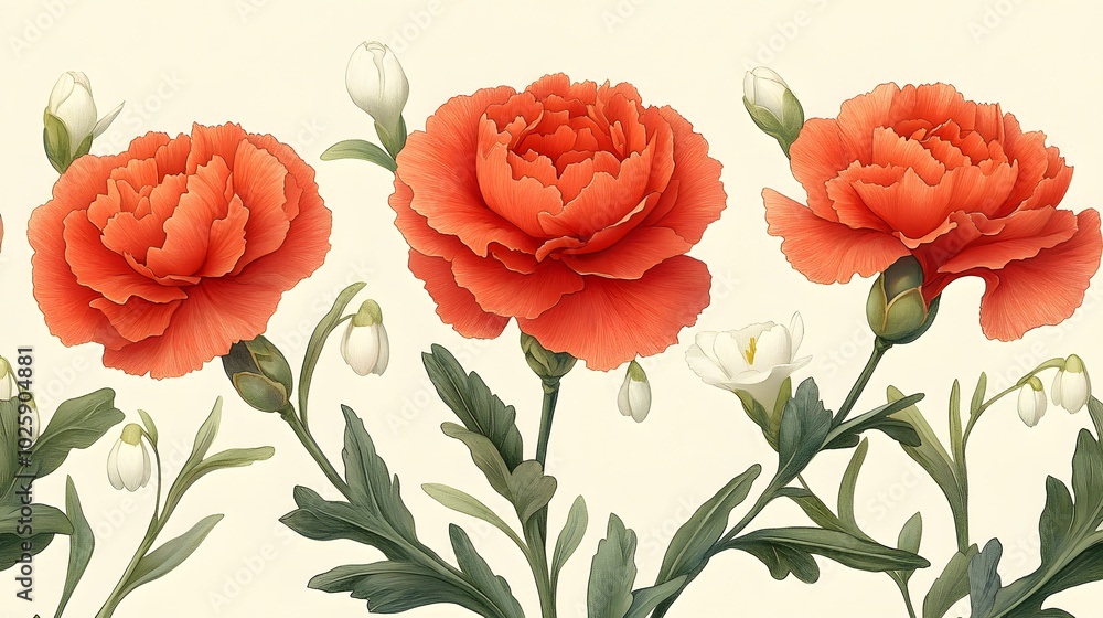 Romantic watercolor pattern with delicate carnations and snowdrops on a light background Romantic watercolor pattern with delicate carnations and snowdrops on a light background