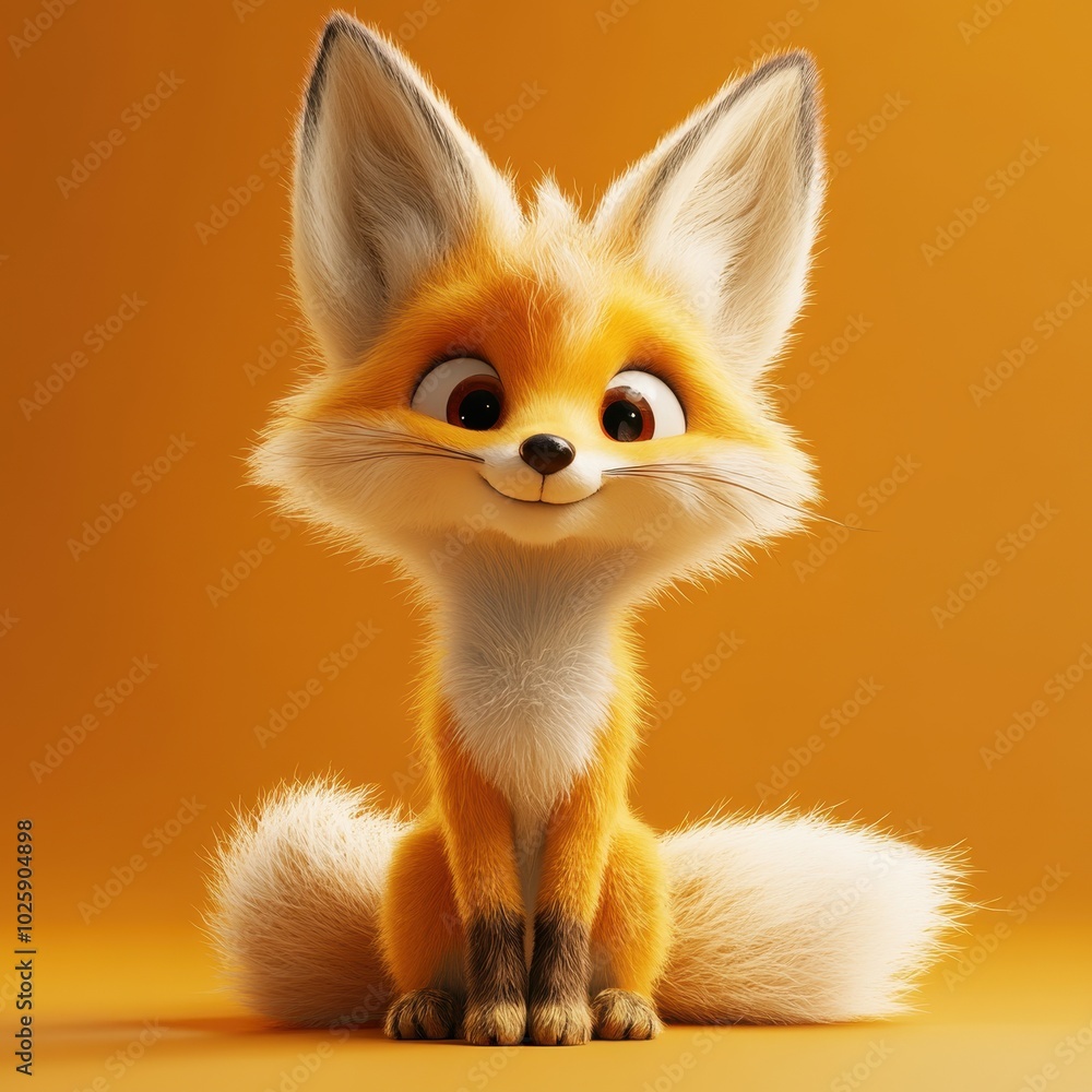 Cute Cartoon Fox Sitting on Orange Background - 3D Render. Cute Cartoon Fox Sitting on Orange Background - 3D Render.