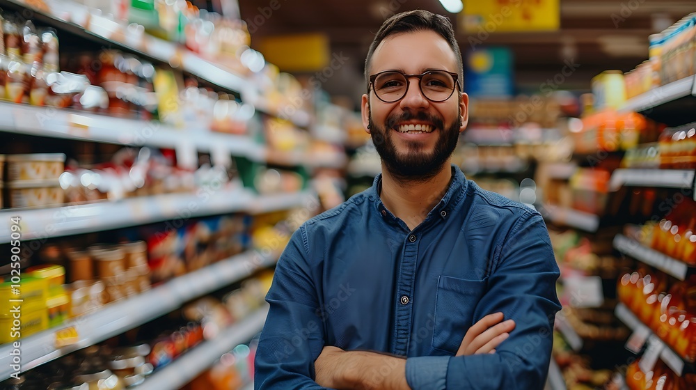 Fototapeta premium Happy Man at Supermarket Store, Portrait, Business Theme, Portrait Shot, Plain Office Background, Supermarket