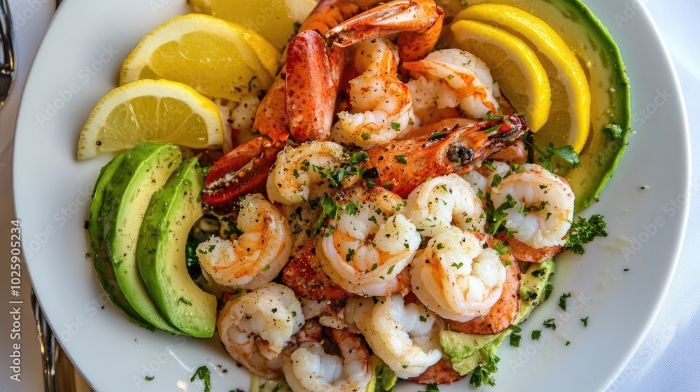 Fresh Shrimp and Avocado with Lemon Slices Fresh Shrimp and Avocado with Lemon Slices