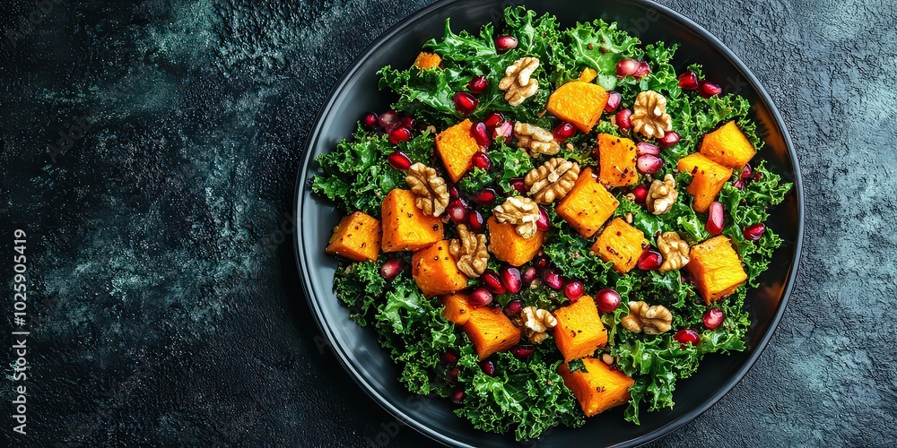 vibrant winter salad with roasted butternut squash, kale, pomegranate seeds, and walnuts, artfully arranged to showcase its seasonal ingredients. vibrant winter salad with roasted butternut squash, kale, pomegranate seeds, and walnuts, artfully arranged to showcase its seasonal ingredients.