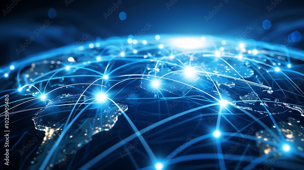 Obraz premium Global Network with Illuminated Paths, Business Theme, Background, Illuminated Paths, Global Network