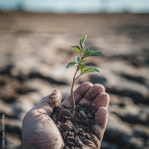 Hand Holding a Small Sapling with Green Leaves, Symbol of New Growth and Hope