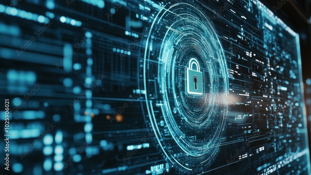 Digital lock symbol on a futuristic data background, representing cybersecurity. Digital lock symbol on a futuristic data background, representing cybersecurity.