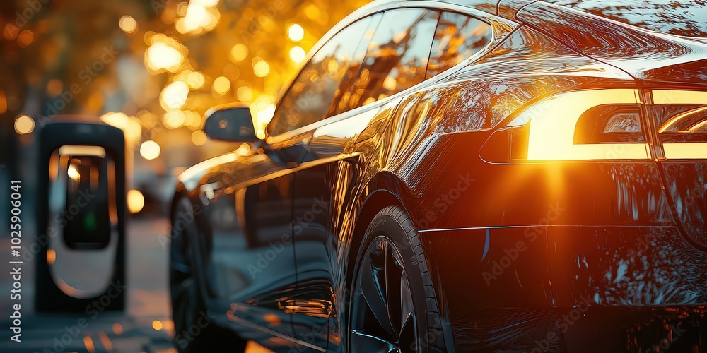 Electric car charging at station in warm sunset light. Symbolizes clean energy, sustainability, and modern innovation in transportation. Electric car charging at station in warm sunset light. Symbolizes clean energy, sustainability, and modern innovation in transportation.