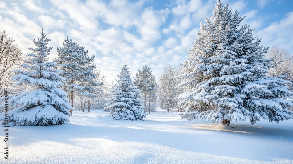 Fototapeta premium Snowy Winter Landscape with Pine Trees