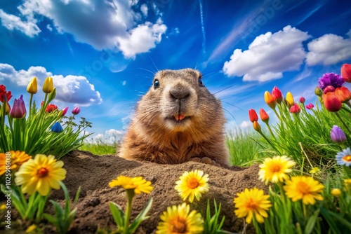 Adorable Groundhog Emerging from Burrow in Panoramic View - Cute Animal Photography