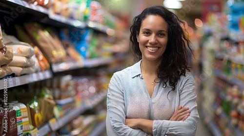 Happy Woman Owner with Arms Crossed in Grocery Aisle, Business Theme, Portrait Shot, Plain Office Background, Grocery Aisle