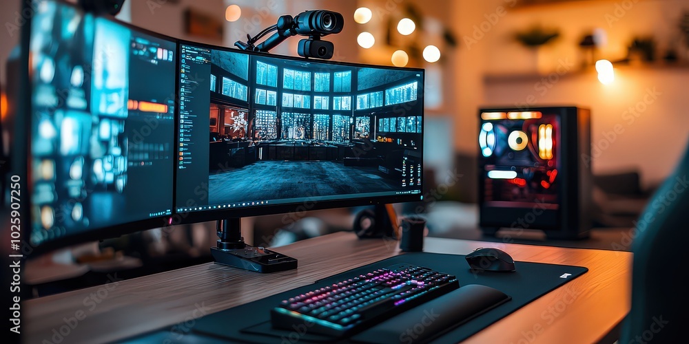 © Lamina - sleek gaming setup with a high-end webcam attached to a curved monitor, optimized for live-streaming, highlighting modern streaming technology.