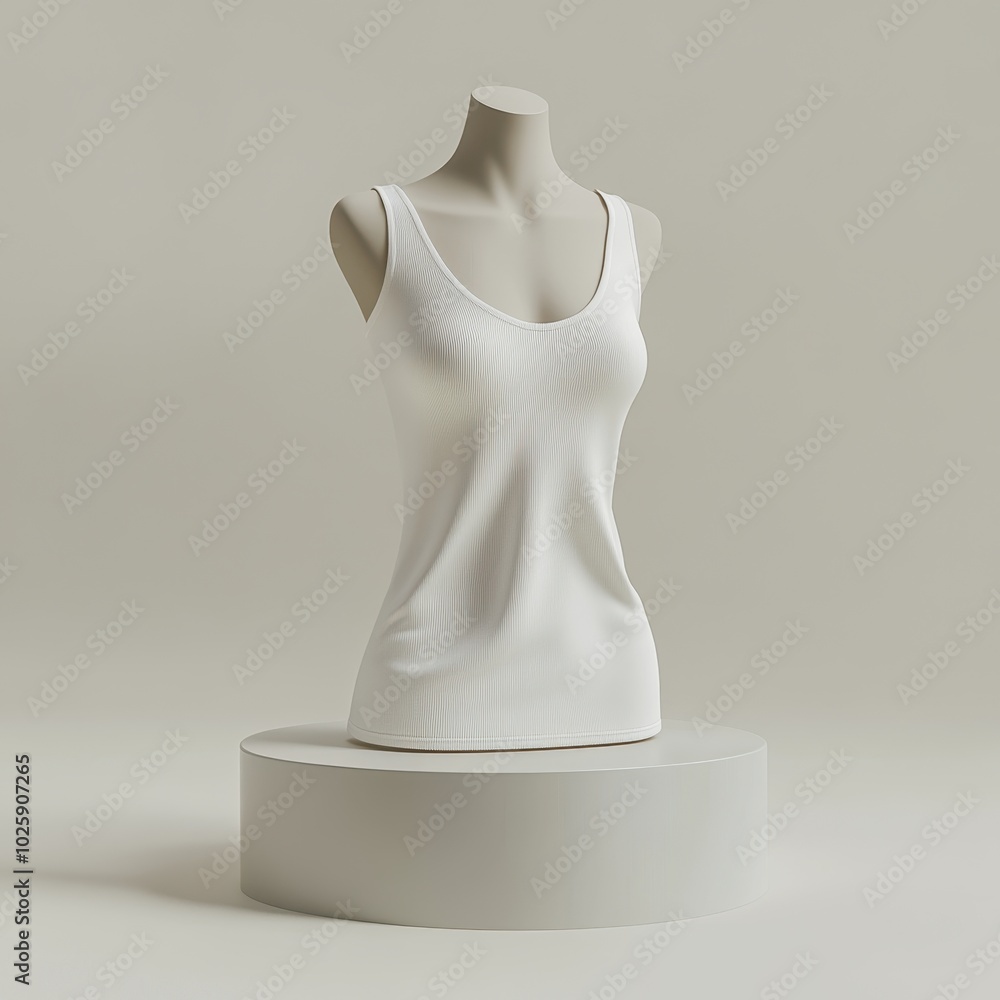 White Tank Top Mockup on a White Platform, Minimalist Fashion Design Template. White Tank Top Mockup on a White Platform, Minimalist Fashion Design Template.