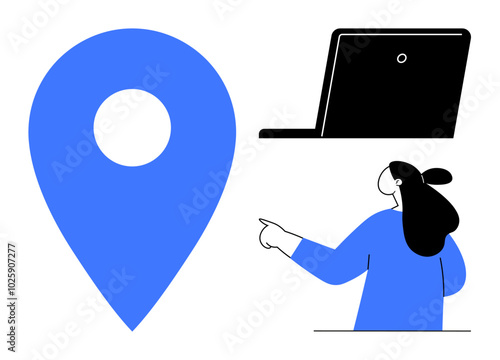 Large blue location pin, black laptop, pointing businesswoman in blue, suggesting navigation, teamwork, remote work, and technology themes. Ideal for presentations, office designs, workflow