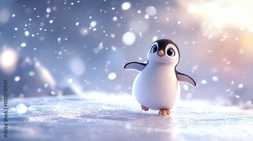 Adorable Cartoon Penguin Waddling on Snowy Ground in Winter Wonderland. Adorable Cartoon Penguin Waddling on Snowy Ground in Winter Wonderland.